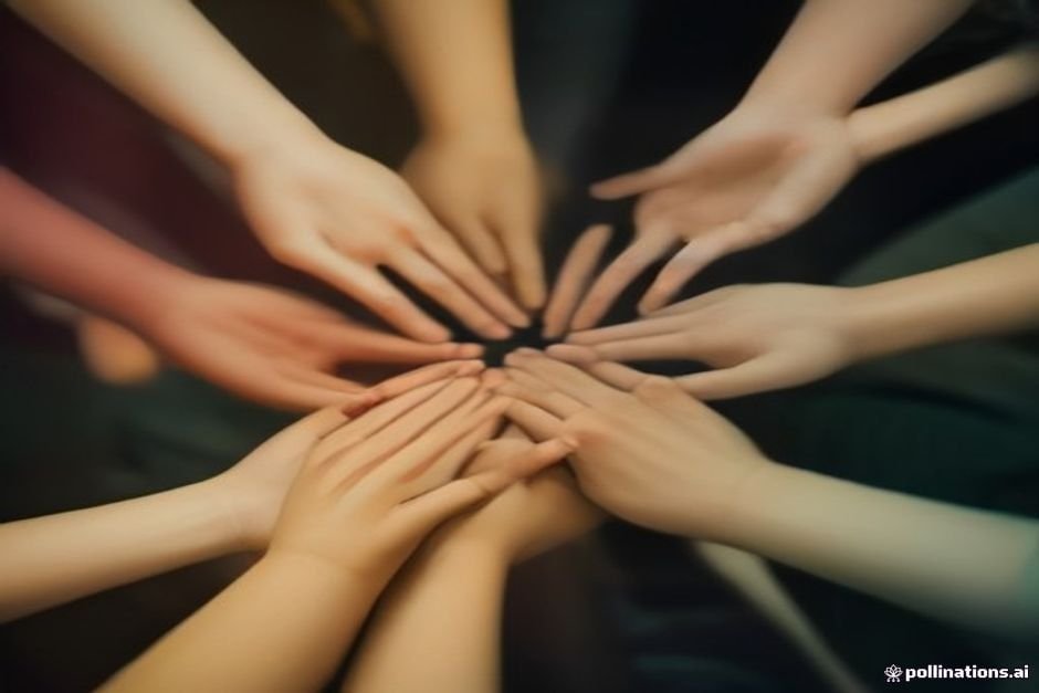 Diverse hands linked together forming circle of support