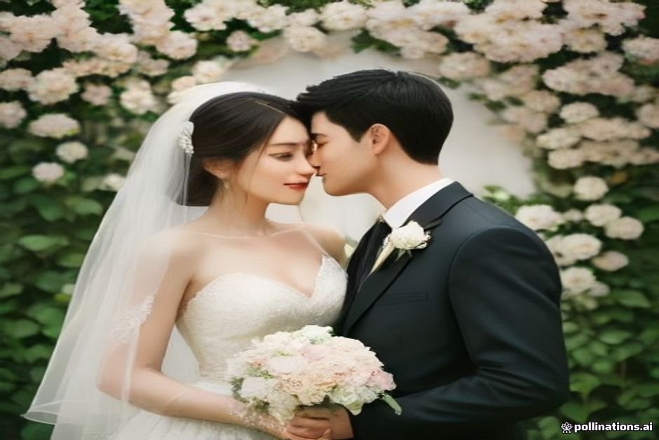 Bride and groom embracing surrounded by romantic white flowers
