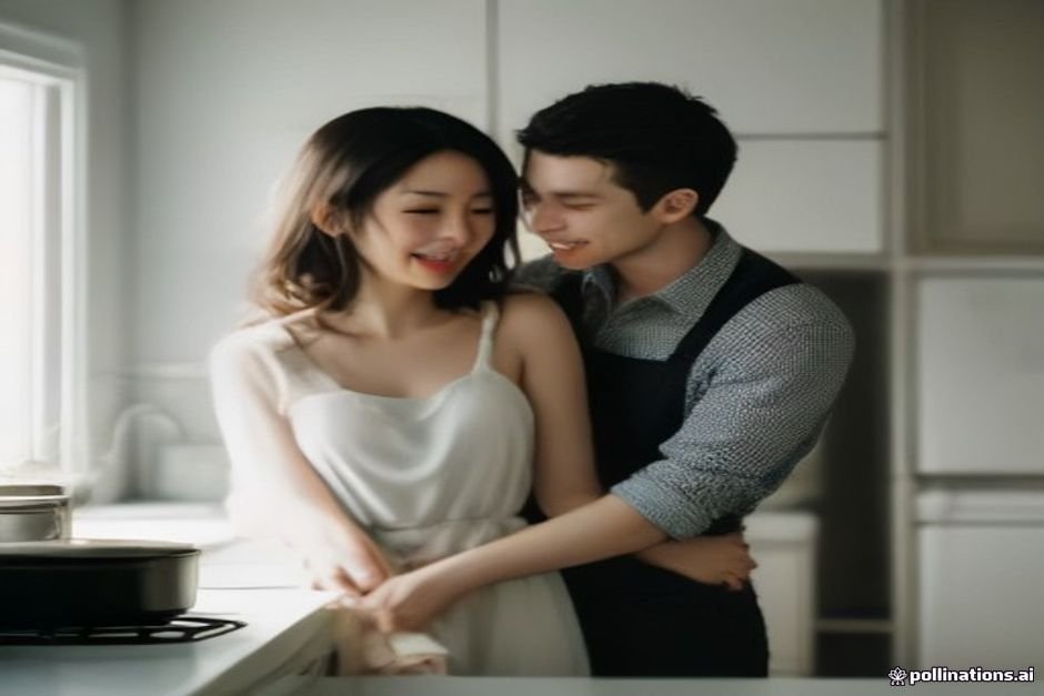 Happy husband and wife laughing and cooking dinner together