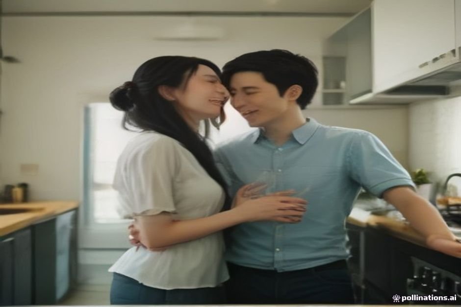 Husband and wife laughing together while cooking meal
