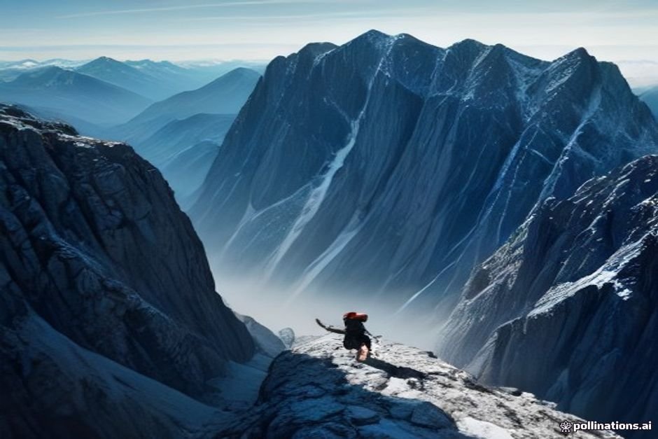 Individual climbing steep mountain peak toward success goal