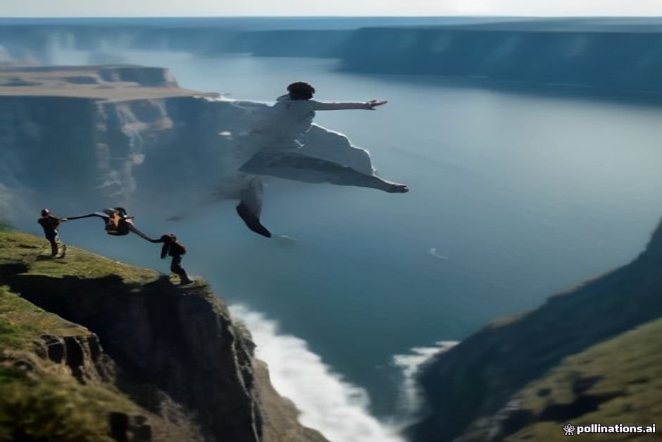 Courageous person leaping across challenging gap
