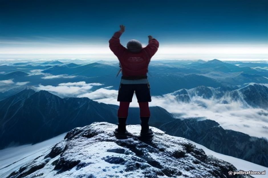 Silhouette celebrating on mountain summit under clear sky