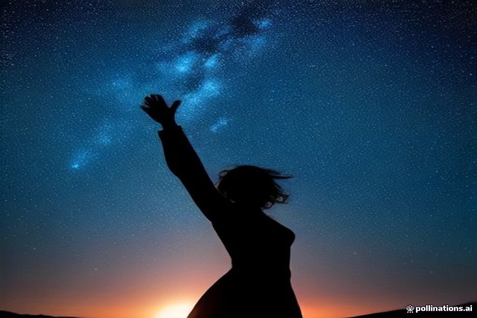 Individual with raised arms silhouetted against starry night backdrop