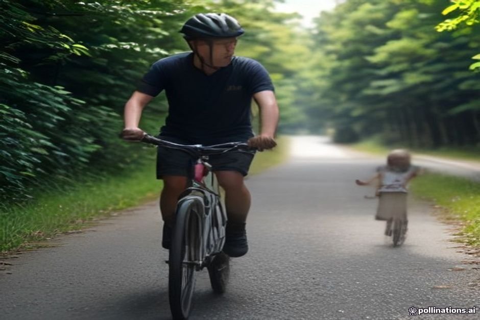 Dad guiding son while learning to ride a bike
