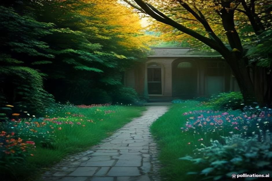 Sunlit garden scene with colorful flowers and peaceful natural surroundings